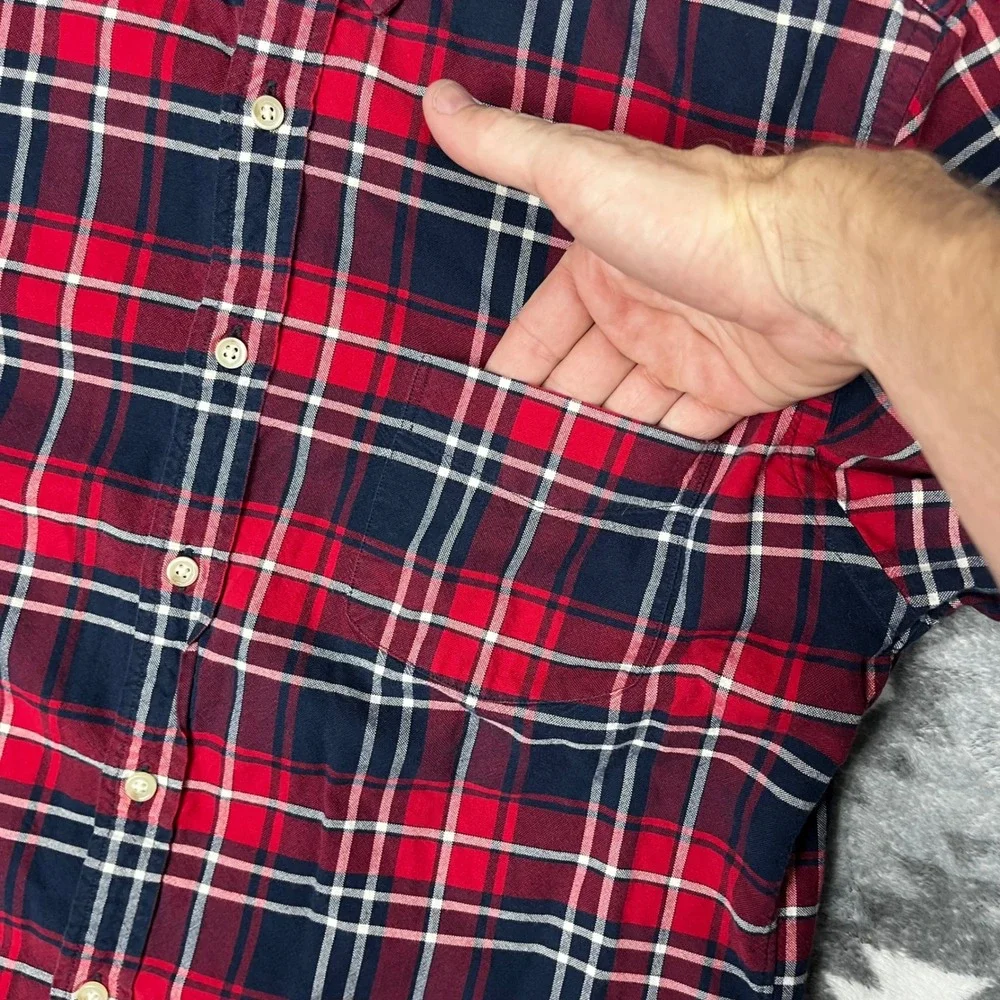 J.Crew Vintage Oxford Plaid Shirt Red Navy White Tailored Mens Large L